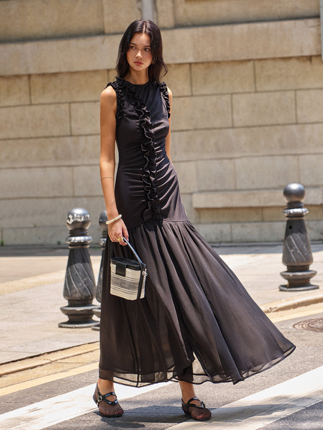 Ruffled Detail Ruched-Front Maxi Dress  Liora Lane Boutique Dresses Black / XL 59.00