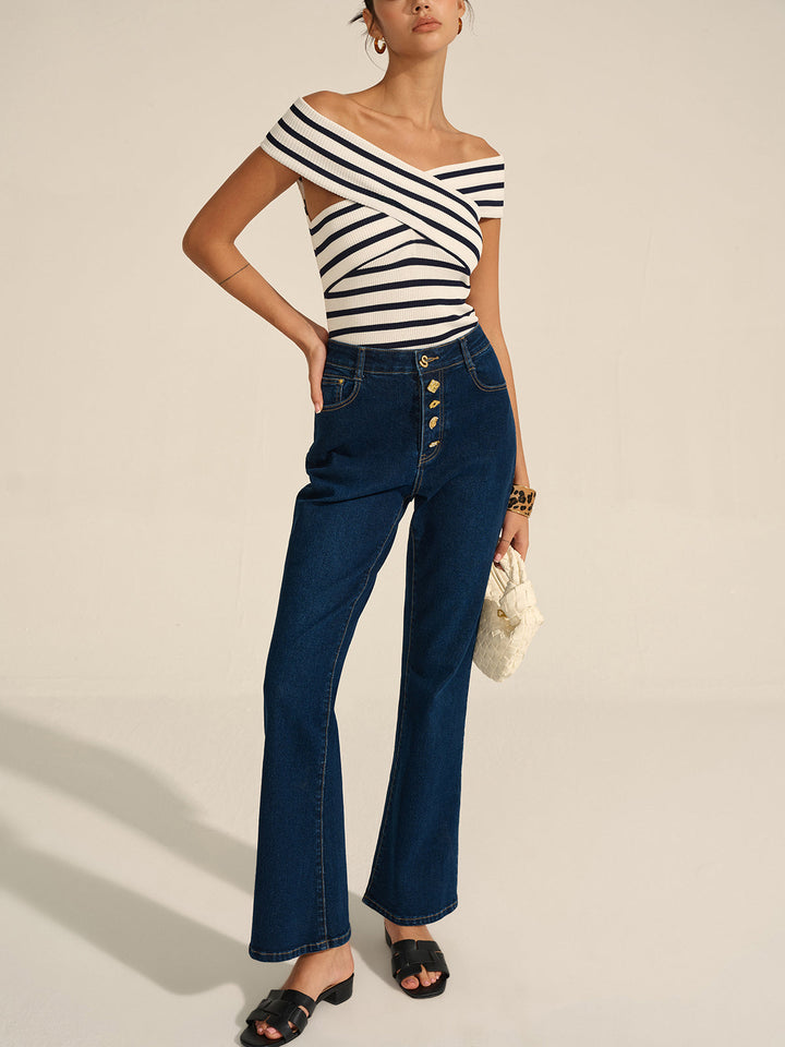 Striped Off-Shoulder Cross Knit Top  Liora Lane Boutique Knit Tops