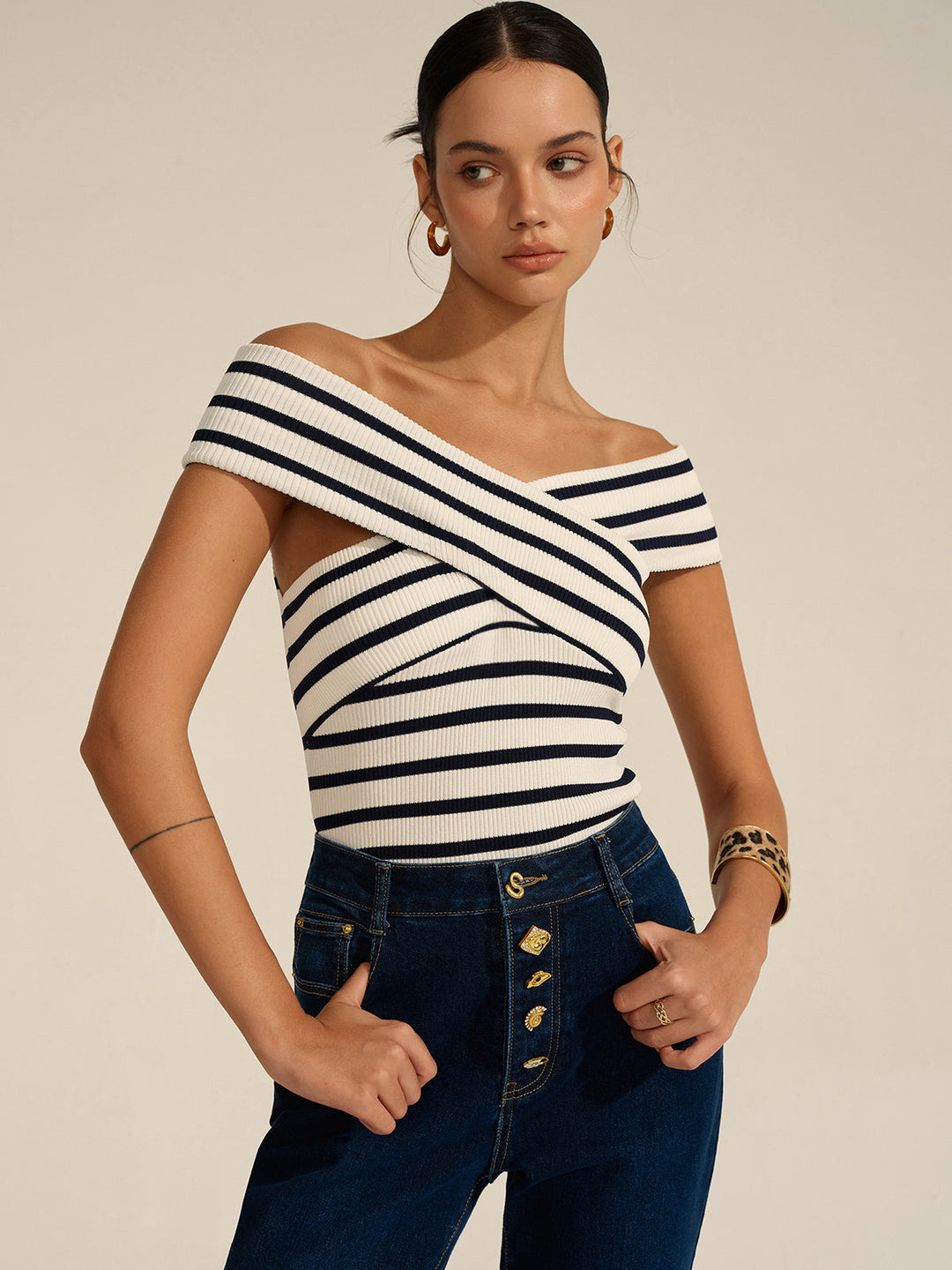 Striped Off-Shoulder Cross Knit Top  Liora Lane Boutique Knit Tops