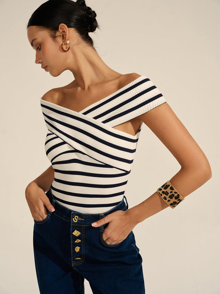 Striped Off-Shoulder Cross Knit Top  Liora Lane Boutique Knit Tops