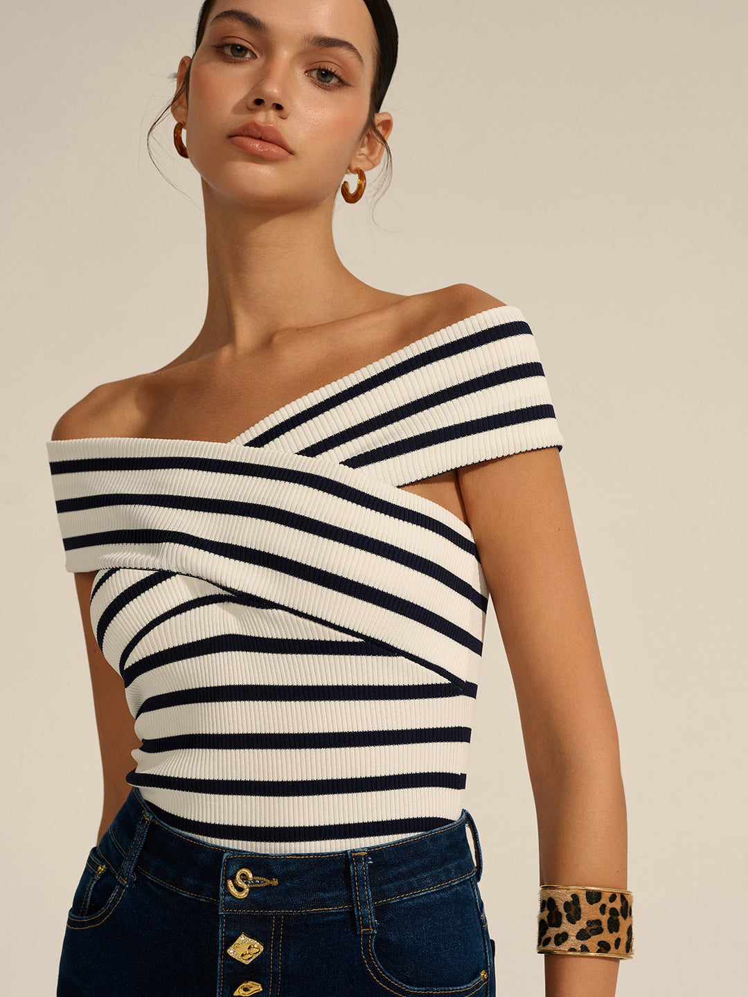 Striped Off-Shoulder Cross Knit Top  Liora Lane Boutique Knit Tops