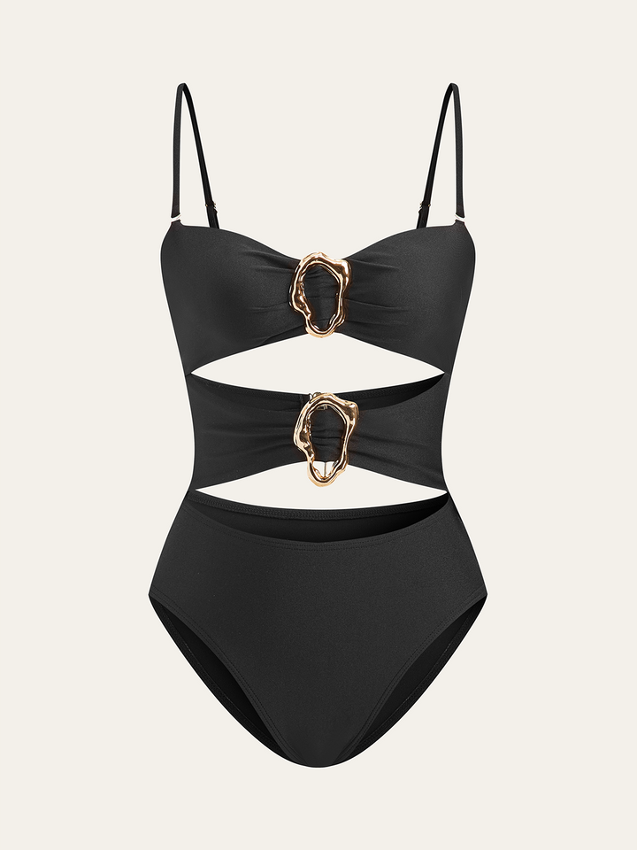 Metal Detail Cut-Out One-Piece  Liora Lane Boutique One-Pieces Black / L 95.99