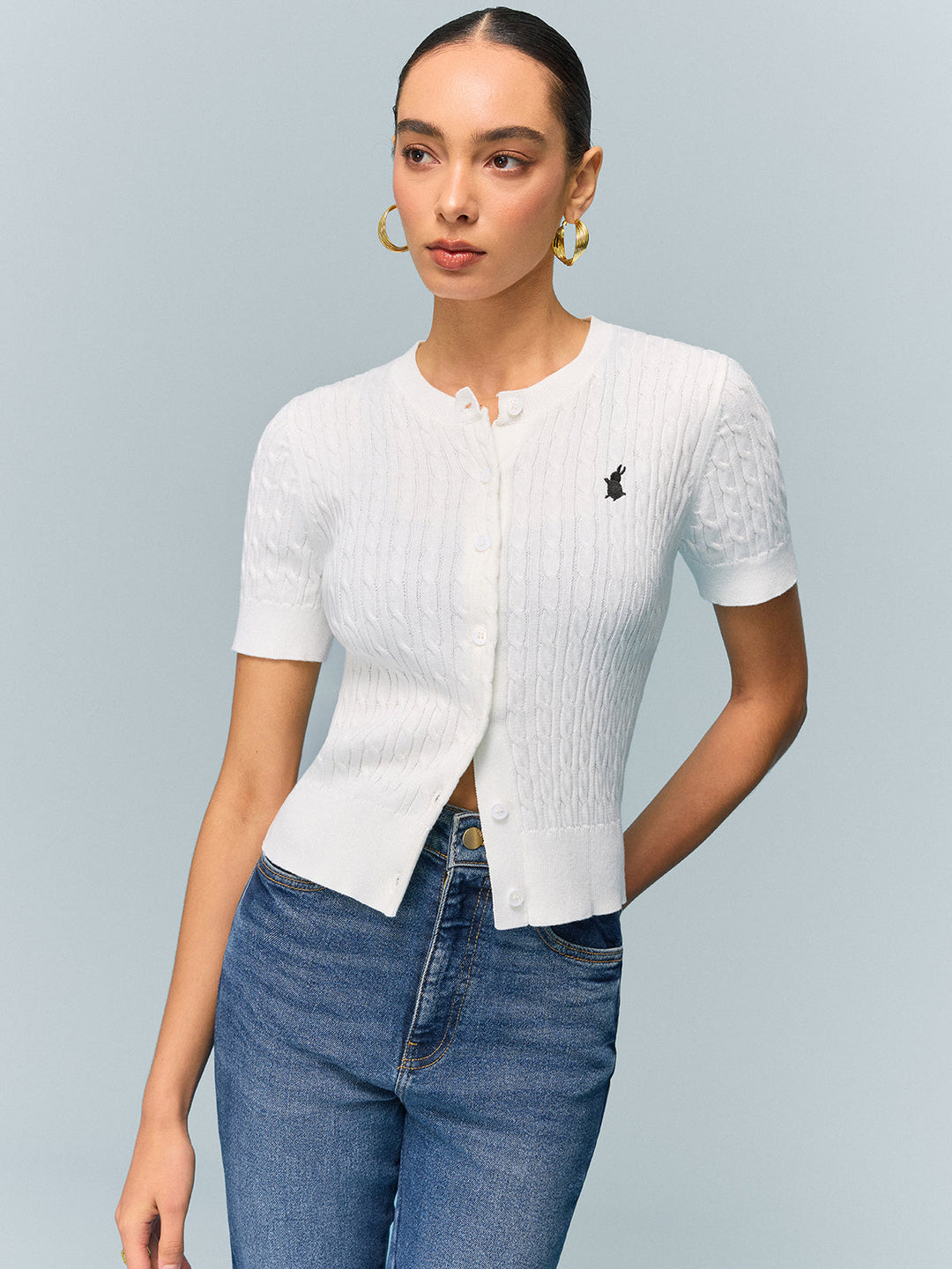 Cable Knit Short Sleeve Top  Liora Lane Boutique Cardigans White / XL 84.99