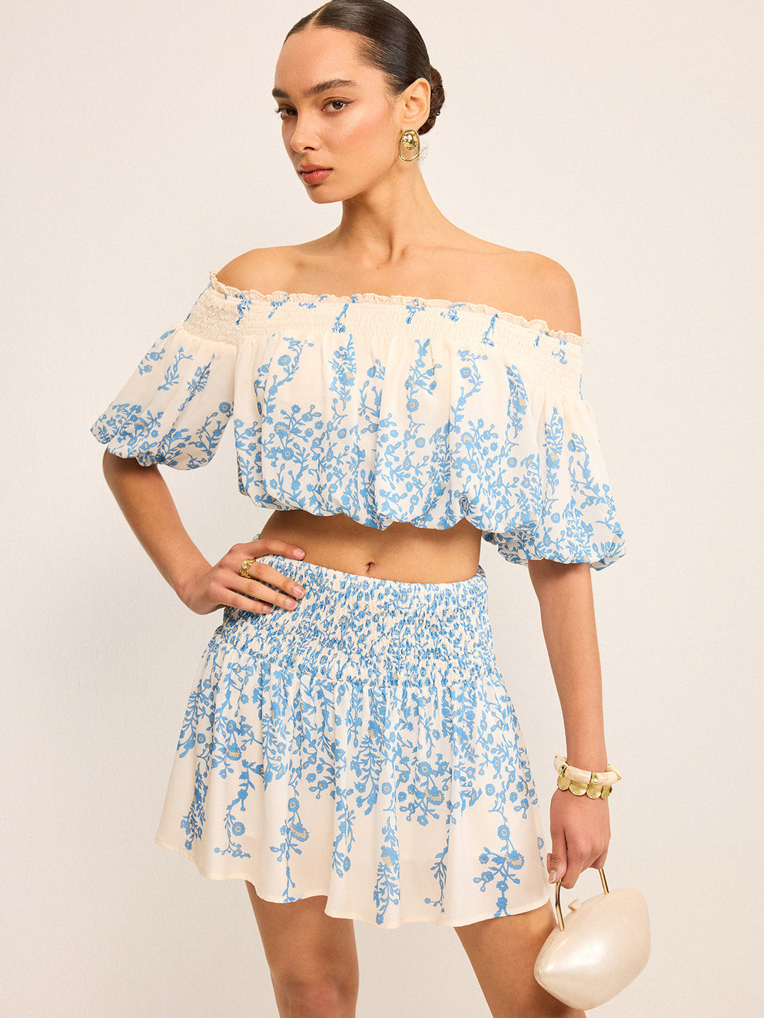 Floral Off-Shoulder Crop Top and Cinching Skirt Set  Liora Lane Boutique Skirt Sets