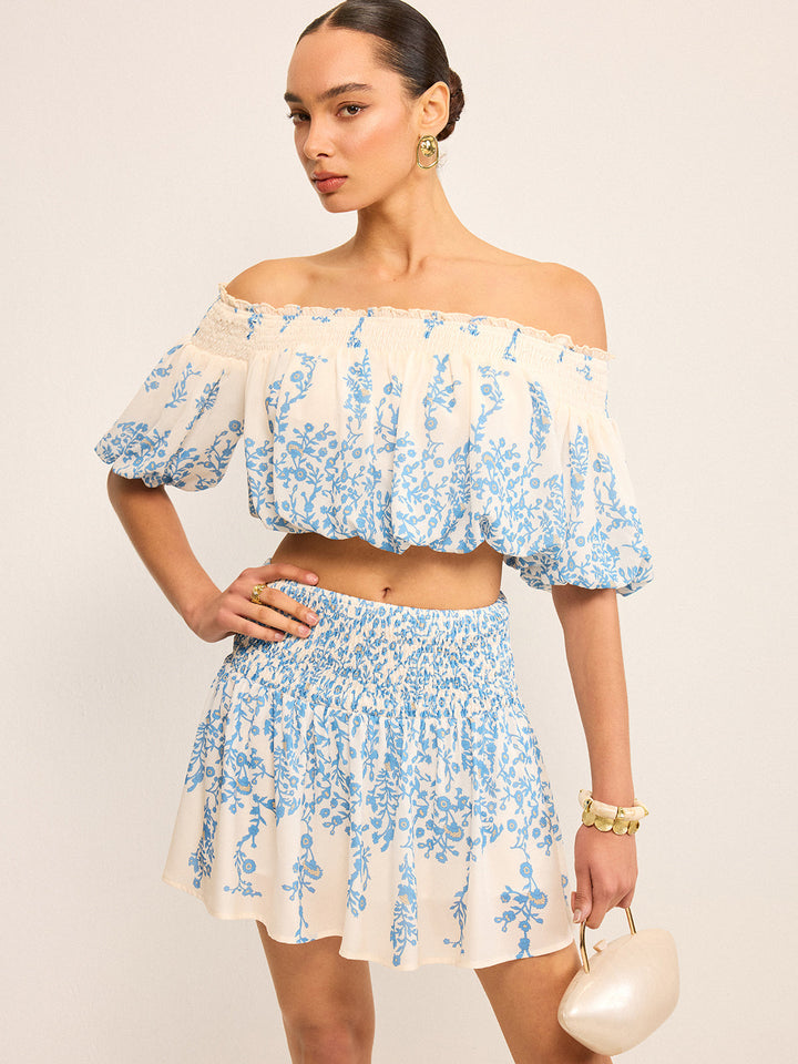 Floral Off-Shoulder Crop Top and Cinching Skirt Set  Liora Lane Boutique Skirt Sets