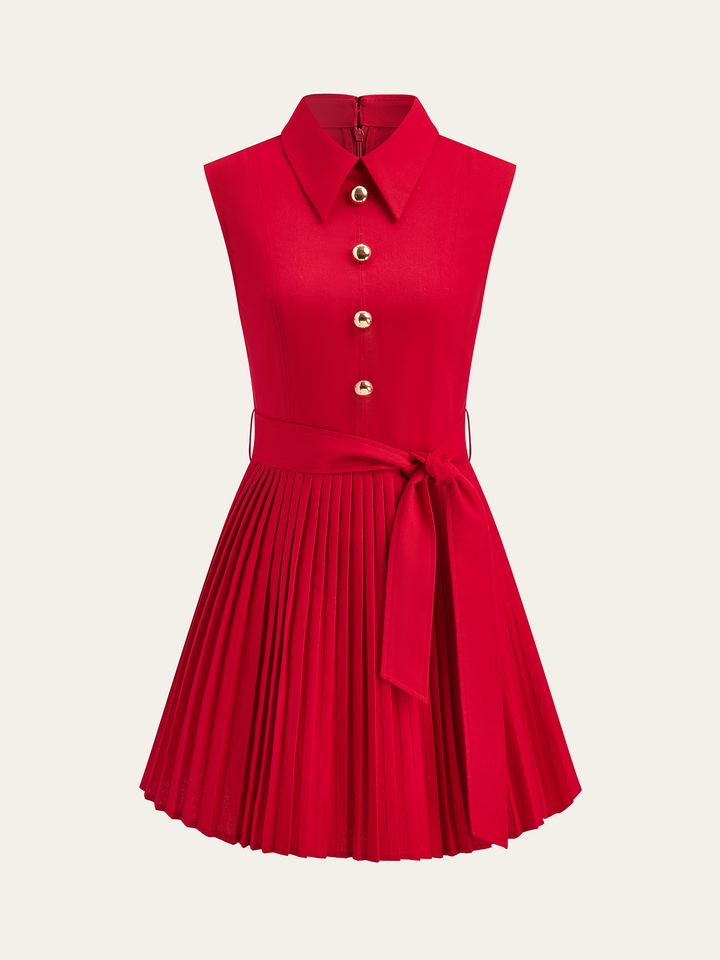 Shirt-Collar Pleated Dress with Belt  Liora Lane Boutique Dresses Red / XL 84.99