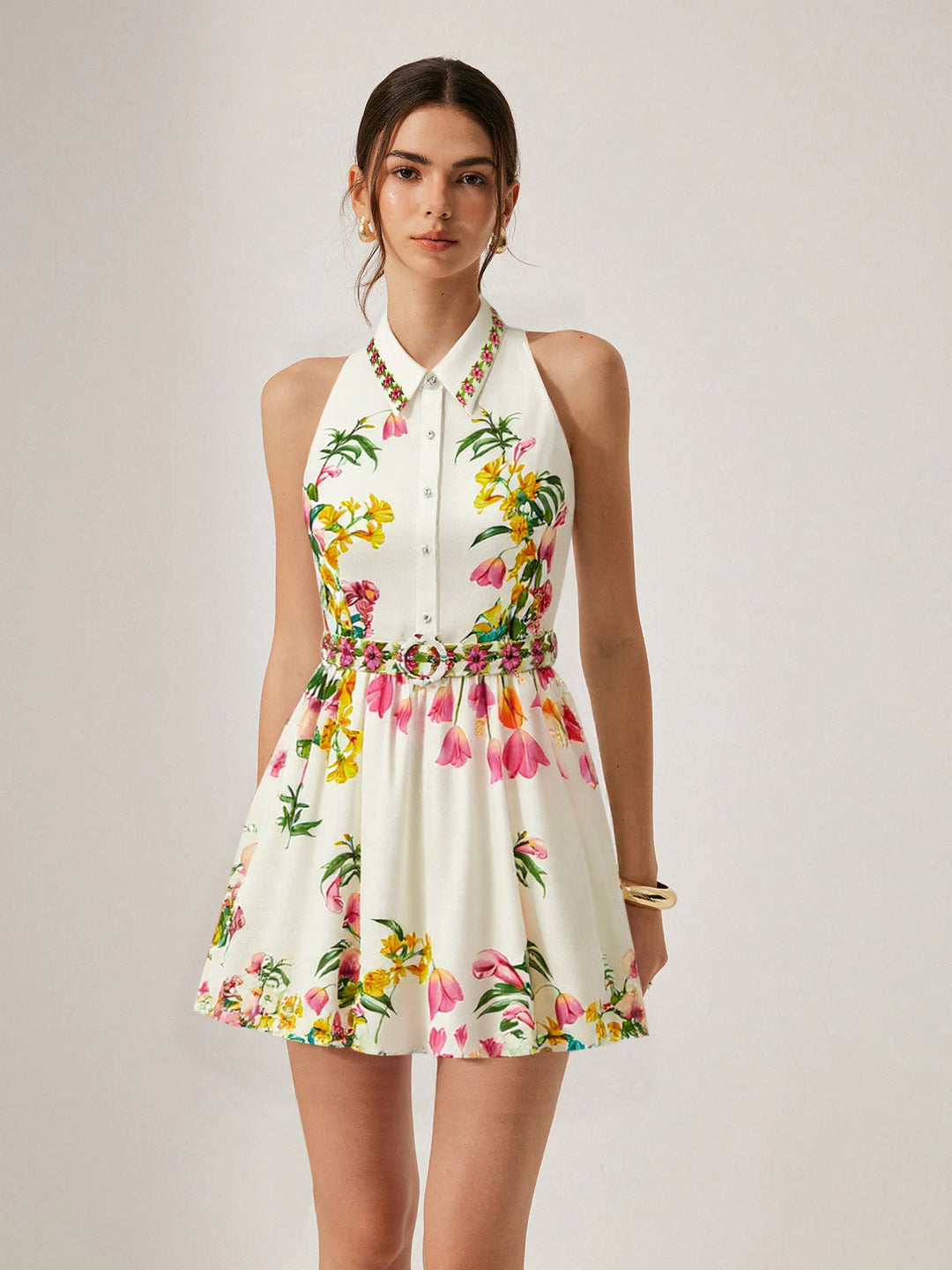 Floral Print Belted Mini Dress  Liora Lane Boutique Dresses White / XL 89.99