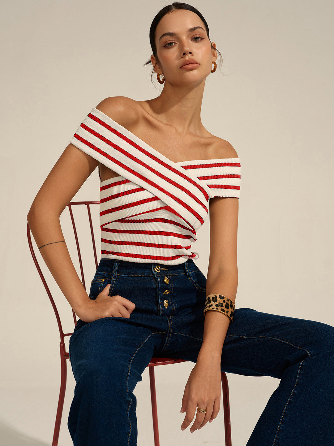 Striped Off-Shoulder Cross Knit Top  Liora Lane Boutique Knit Tops Red / XL 39.00