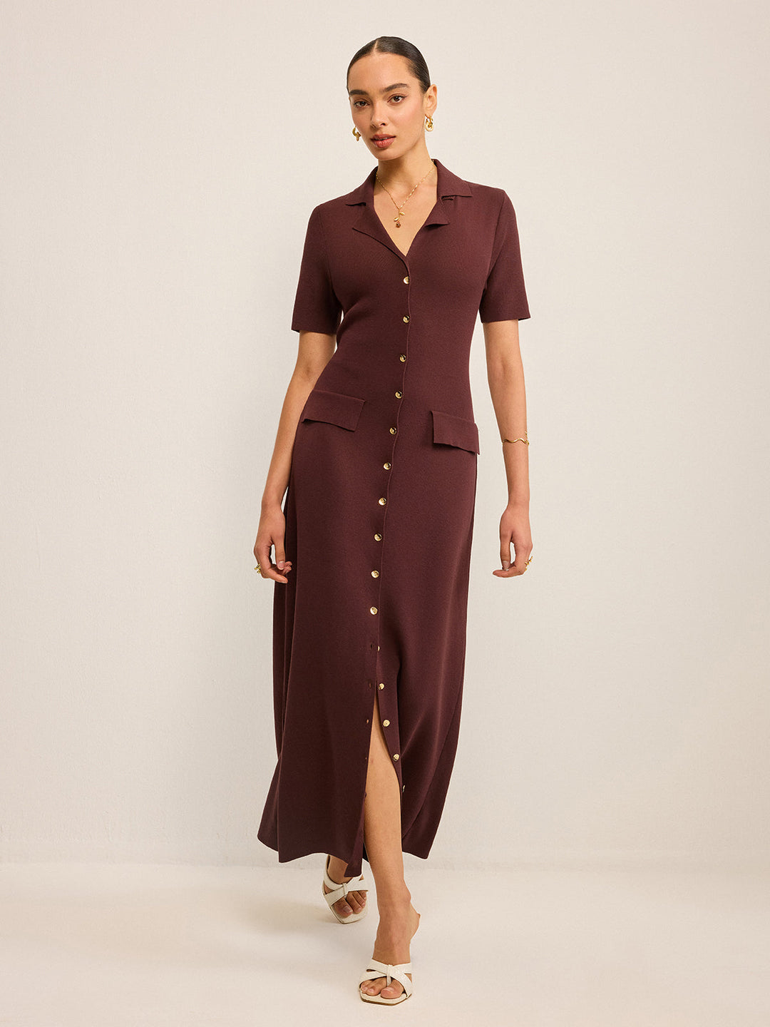 Pocketed Button-Front Maxi Dress  Liora Lane Boutique Sweater Dresses Dark Brown / XL 153.99