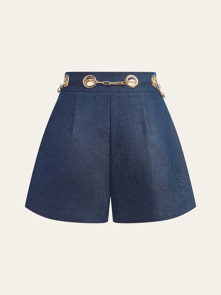 Faux Denim Shorts with Metal Chain Belt  Liora Lane Boutique Shorts