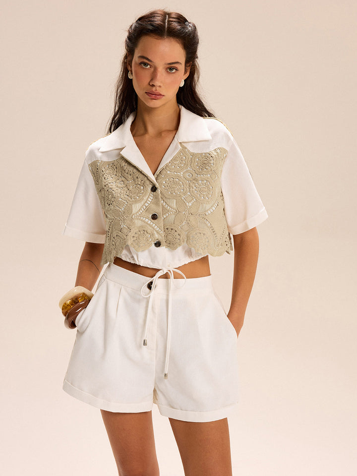Lace-paneled Cropped Shirt Shorts Set  Liora Lane Boutique Short Sets Off-White / XL 66.00