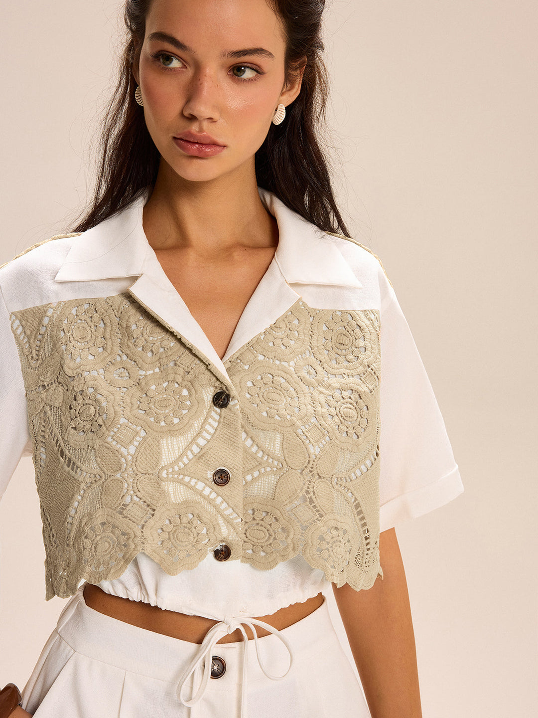 Lace-paneled Cropped Shirt Shorts Set  Liora Lane Boutique Short Sets