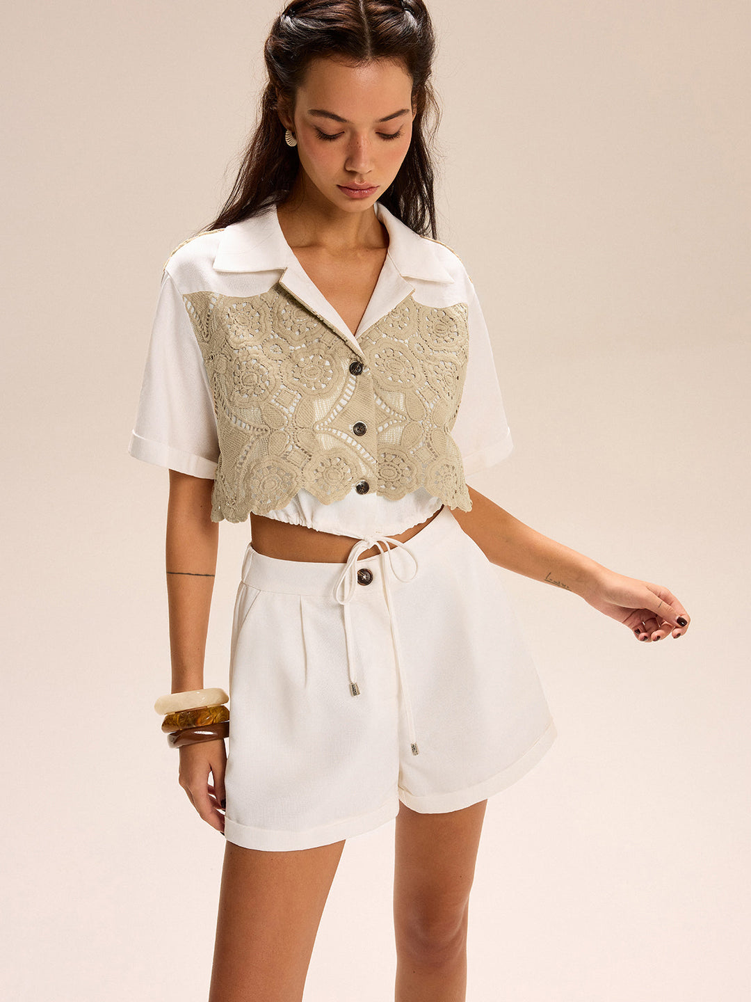 Lace-paneled Cropped Shirt Shorts Set  Liora Lane Boutique Short Sets