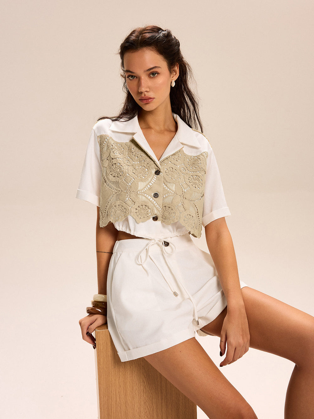 Lace-paneled Cropped Shirt Shorts Set  Liora Lane Boutique Short Sets