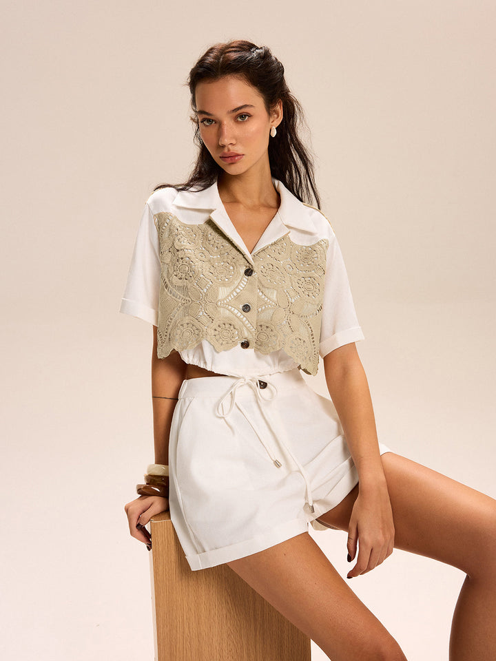 Lace-paneled Cropped Shirt Shorts Set  Liora Lane Boutique Short Sets