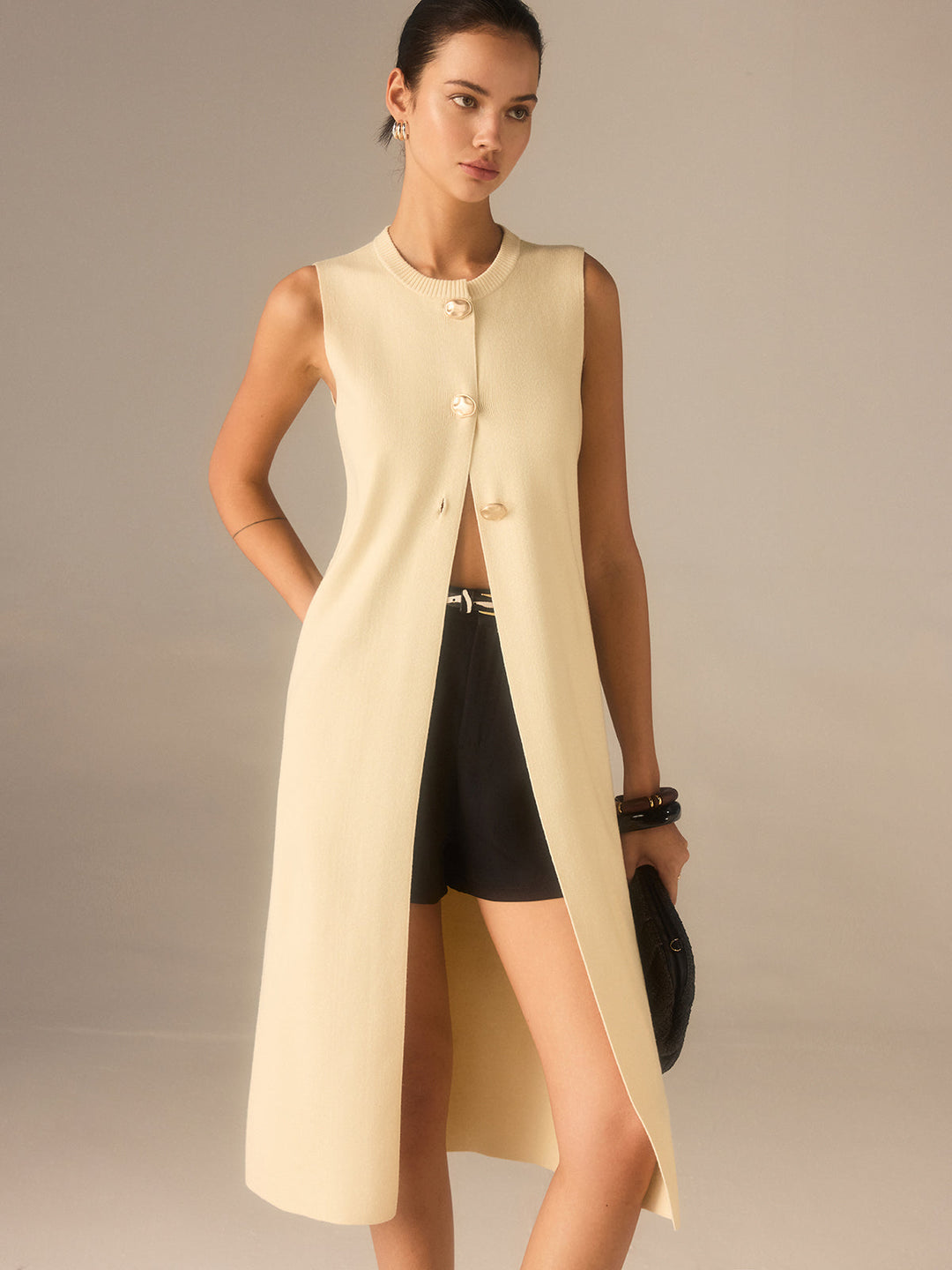 Sleeveless Knit Midi Top with Metal Button Front  Liora Lane Boutique Cardigans Apricot / XL 84.99