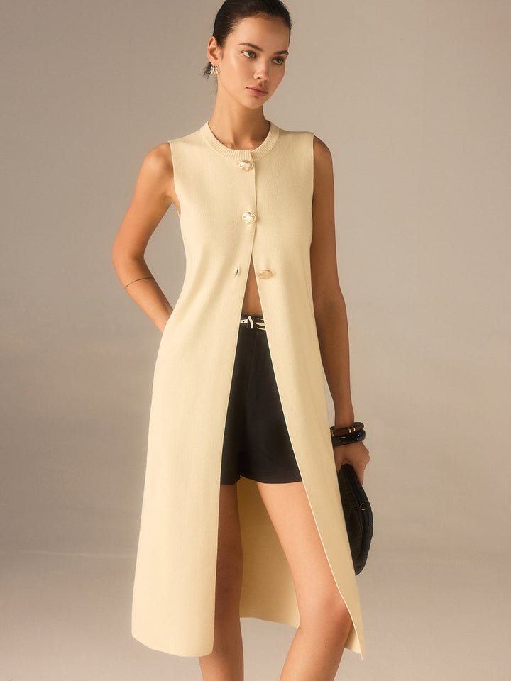 Sleeveless Knit Midi Top with Metal Button Front  Liora Lane Boutique Cardigans Apricot / XL 84.99