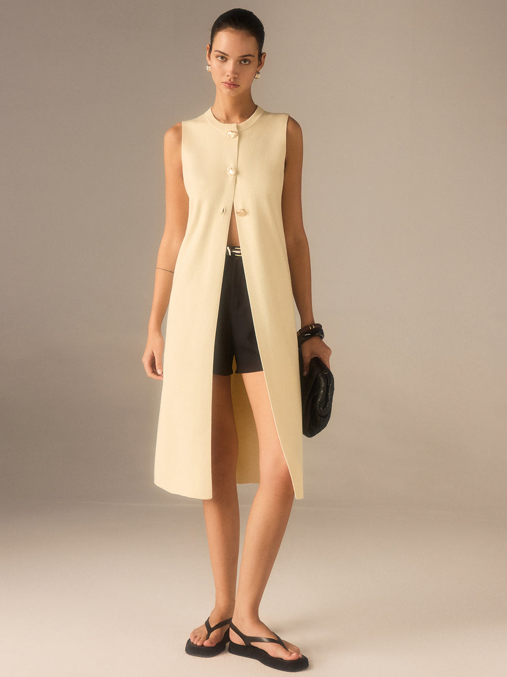 Sleeveless Knit Midi Top with Metal Button Front  Liora Lane Boutique Cardigans