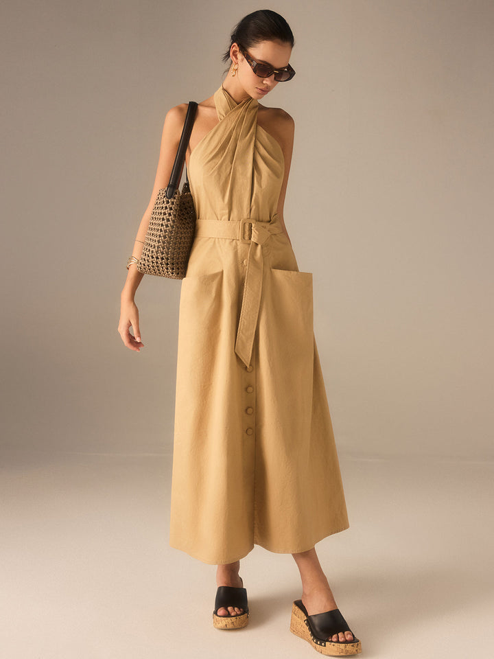 Cotton Pleated Halter Neck Belted Midi Dress  Liora Lane Boutique Dresses