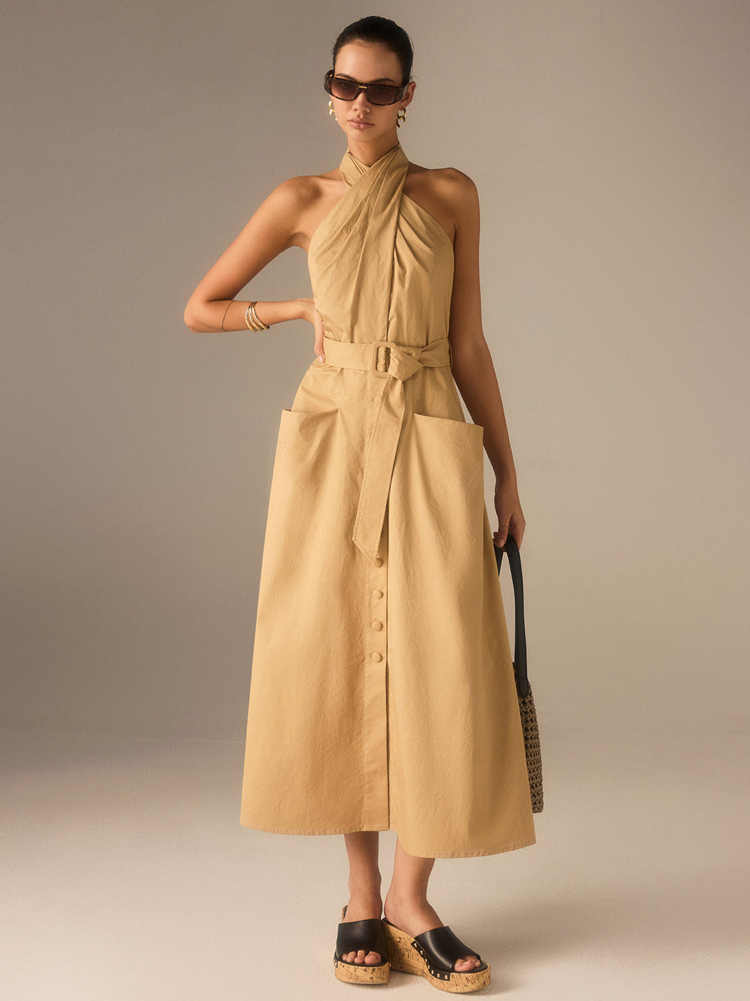 Cotton Pleated Halter Neck Belted Midi Dress  Liora Lane Boutique Dresses Khaki / XL 49.00
