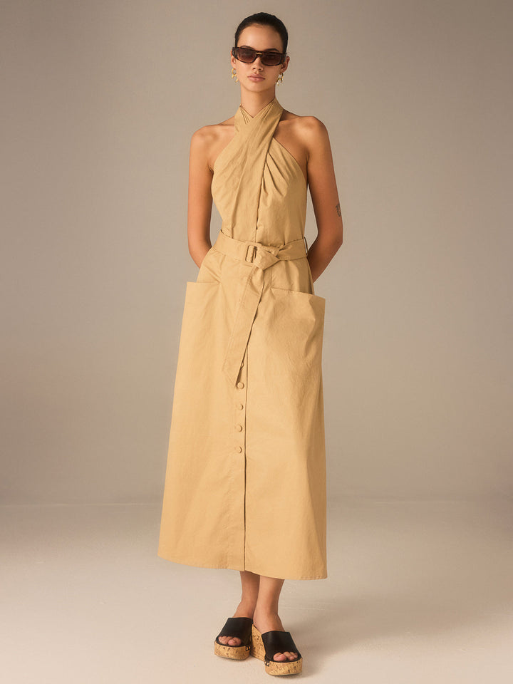 Cotton Pleated Halter Neck Belted Midi Dress  Liora Lane Boutique Dresses