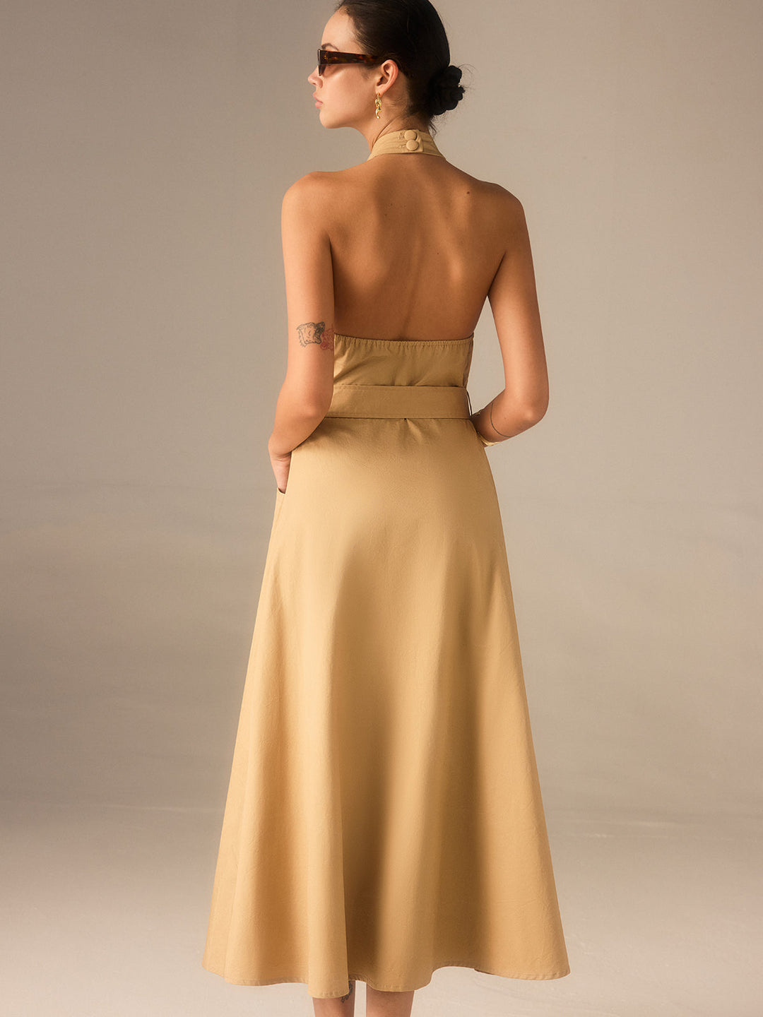 Cotton Pleated Halter Neck Belted Midi Dress  Liora Lane Boutique Dresses