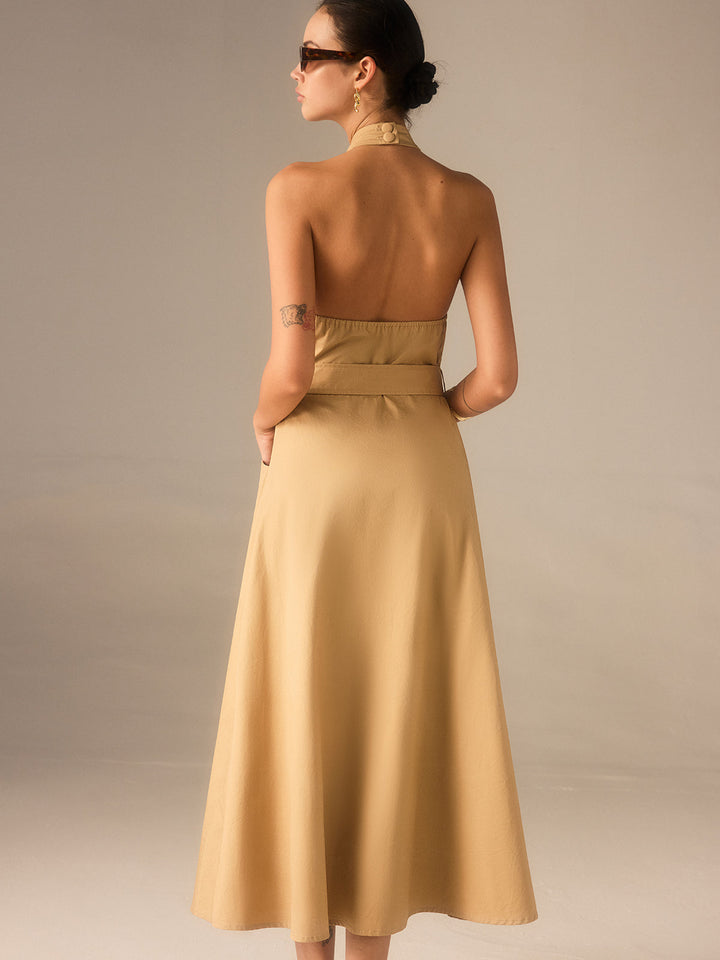 Cotton Pleated Halter Neck Belted Midi Dress  Liora Lane Boutique Dresses