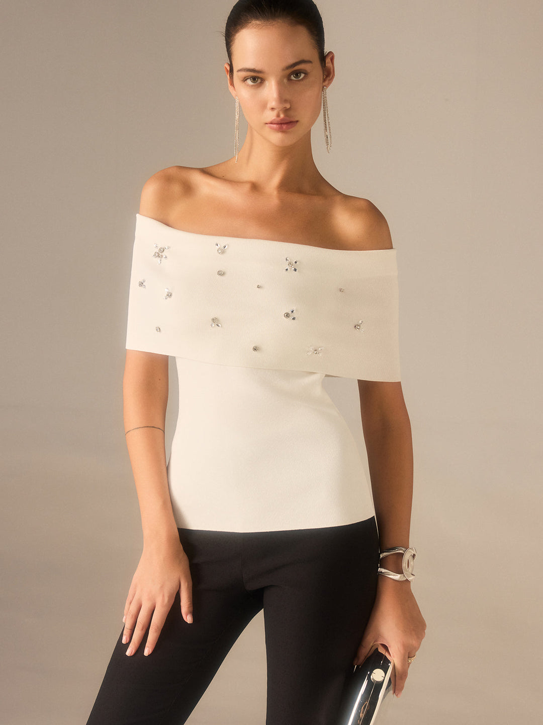 Off-Shoulder Knit Top with Crystal Embellishments  Liora Lane Boutique Knit Tops