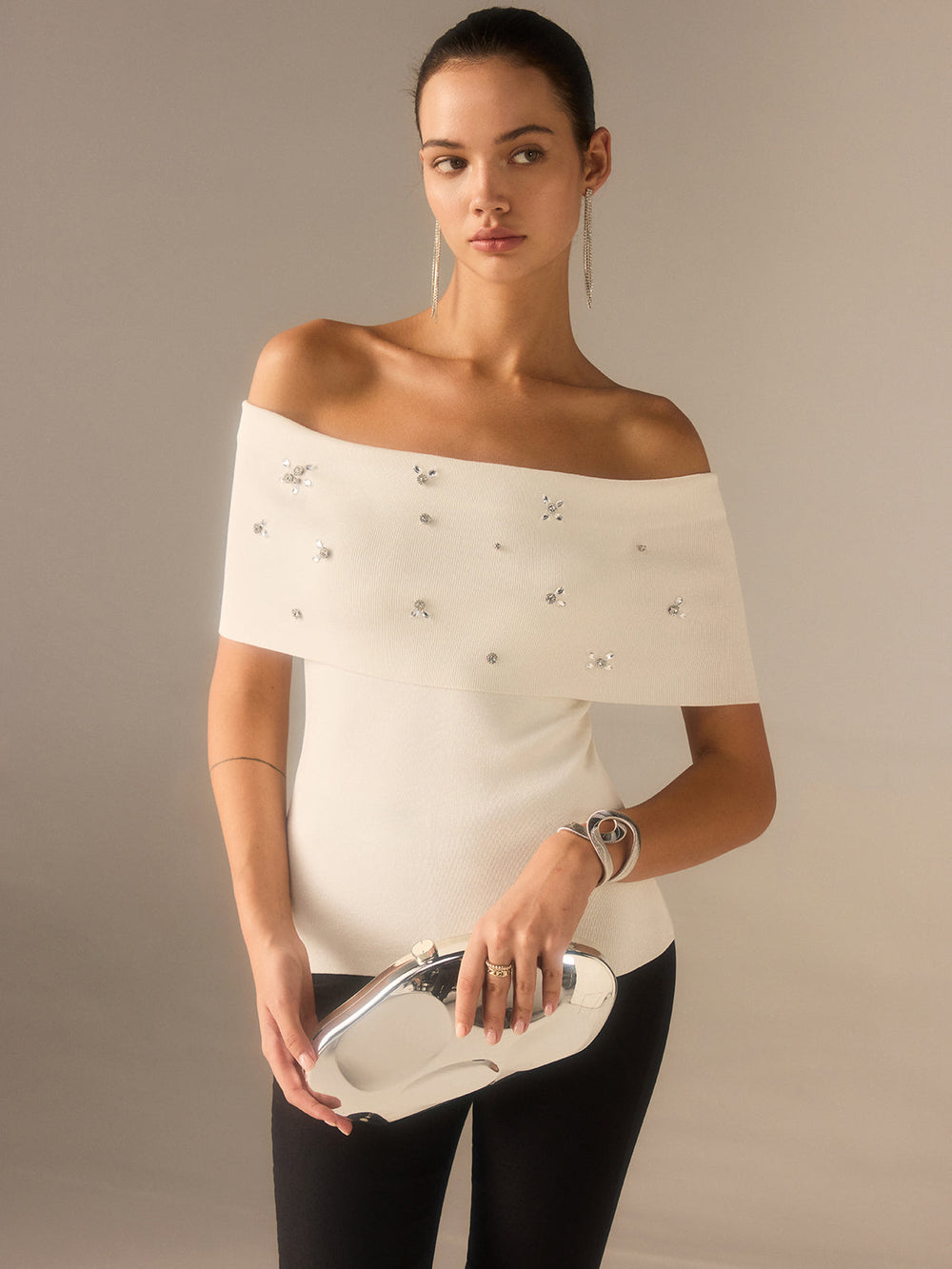 Off-Shoulder Knit Top with Crystal Embellishments  Liora Lane Boutique Knit Tops