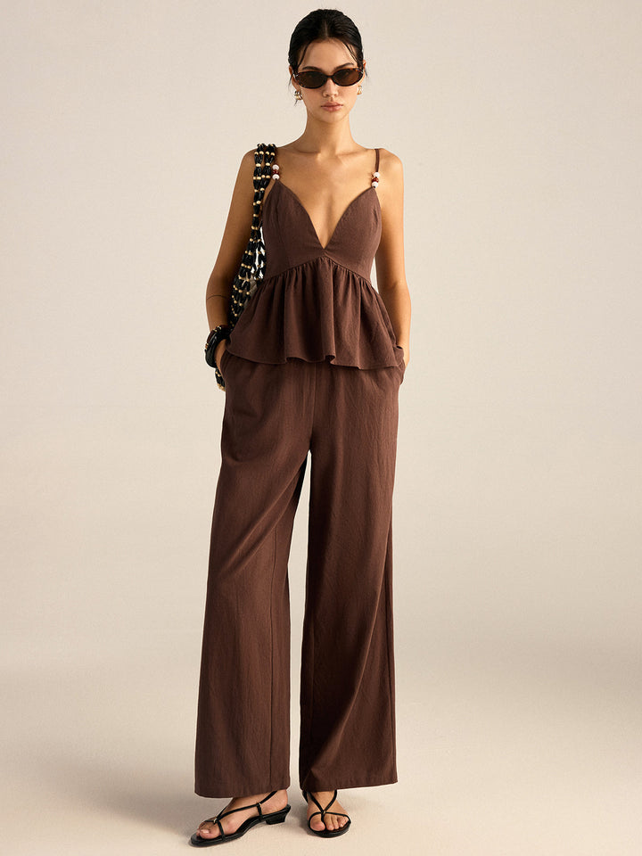 Cotton Peplum Beaded Straps Top and Pants Set  Liora Lane Boutique Pant Sets Dark Brown / XL 134.99