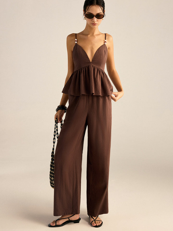 Cotton Peplum Beaded Straps Top and Pants Set  Liora Lane Boutique Pant Sets