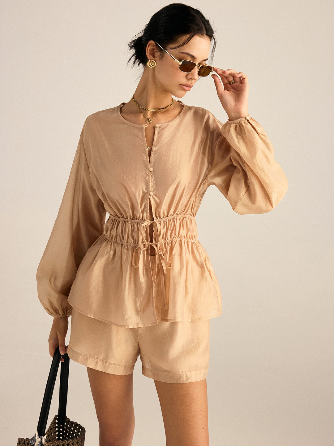 Tencel Tie-Waist Top and Shorts Set  Liora Lane Boutique Short Sets Khaki / XL 39.00