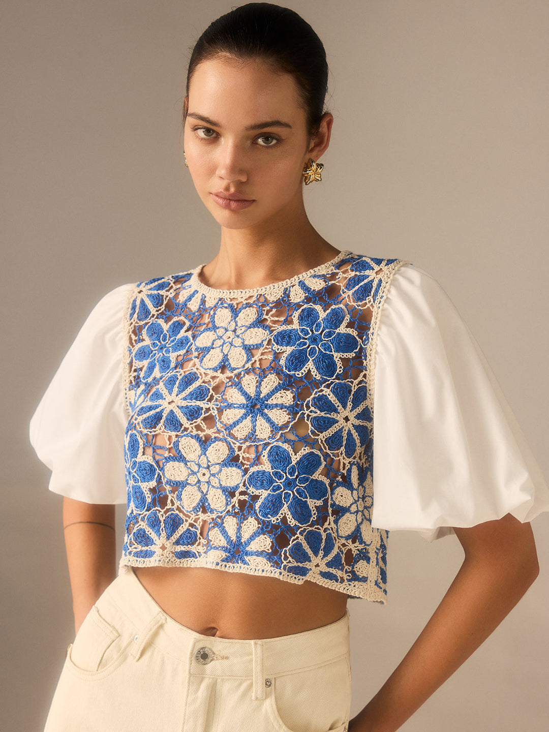 Crochet Floral Top with Puff Sleeves Panel  Liora Lane Boutique Knit Tops