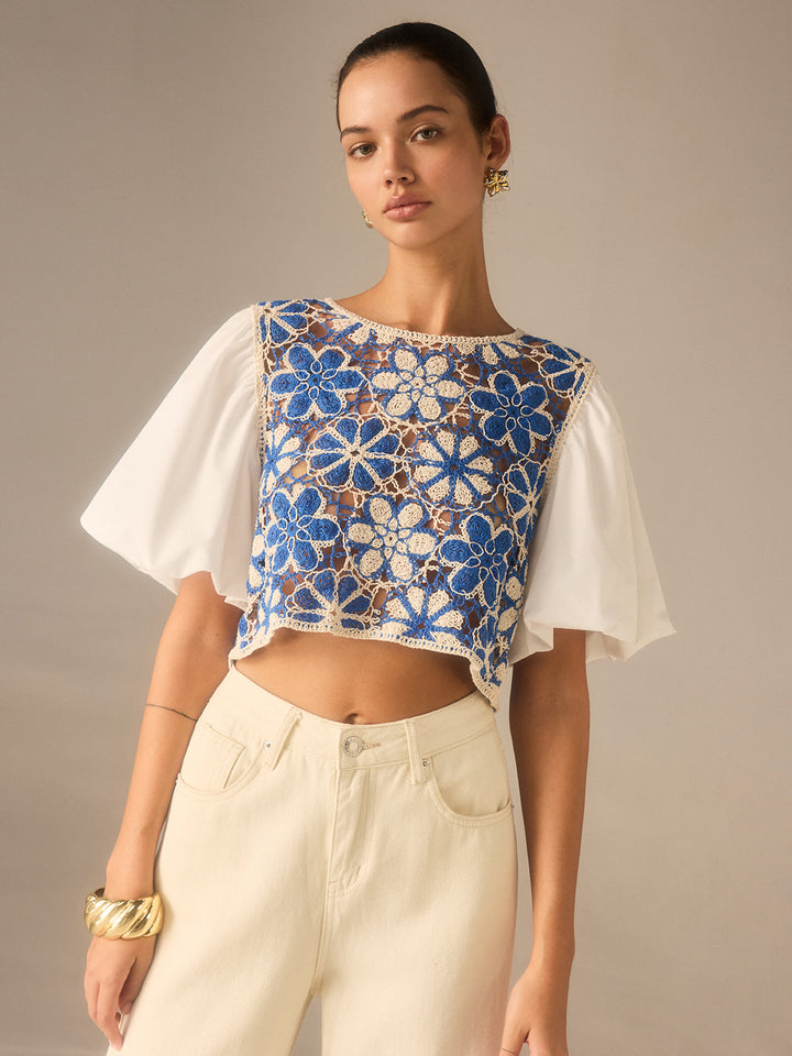 Crochet Floral Top with Puff Sleeves Panel  Liora Lane Boutique Knit Tops Bluewhite / XL 99.99