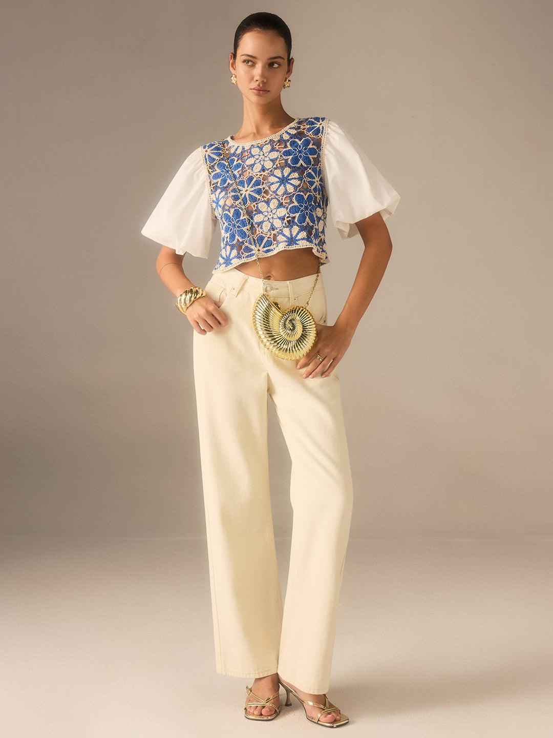 Crochet Floral Top with Puff Sleeves Panel  Liora Lane Boutique Knit Tops