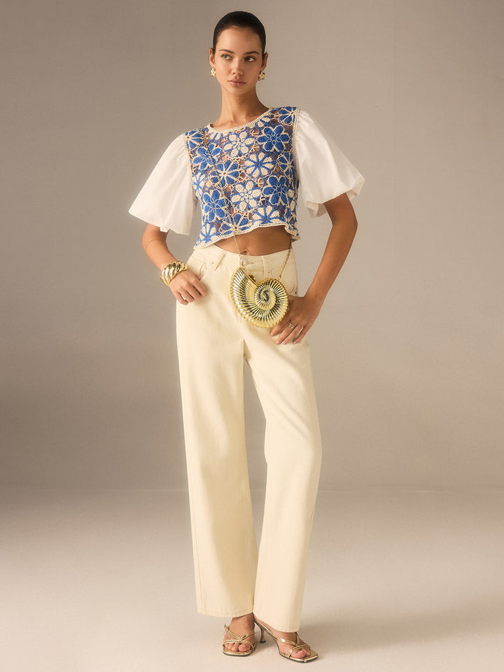 Crochet Floral Top with Puff Sleeves Panel  Liora Lane Boutique Knit Tops