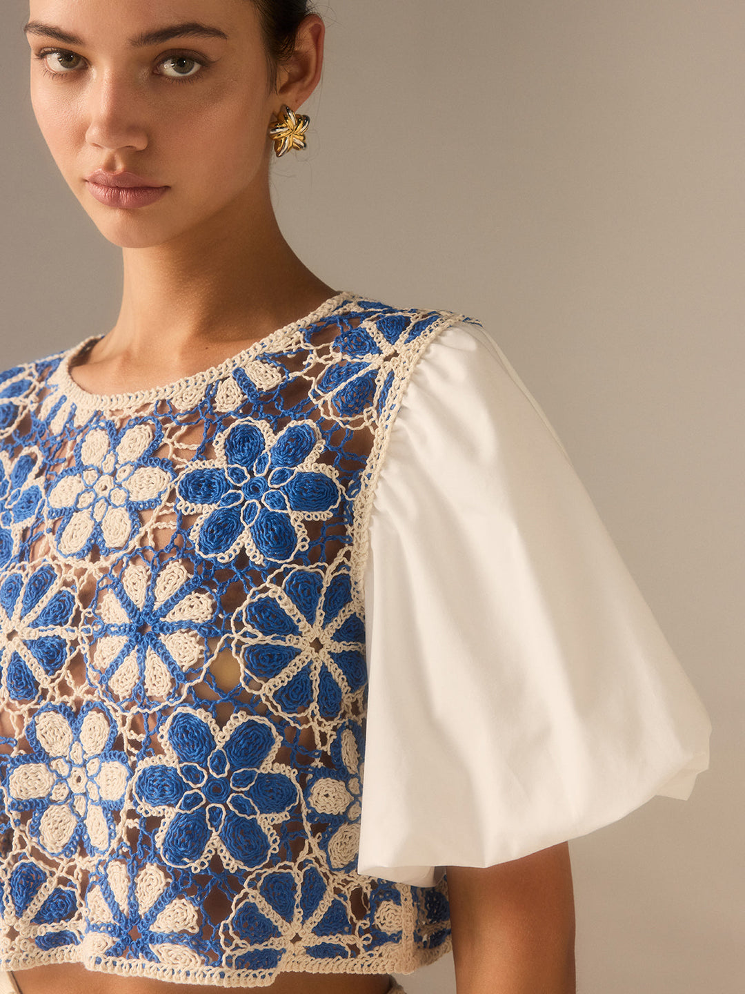 Crochet Floral Top with Puff Sleeves Panel  Liora Lane Boutique Knit Tops