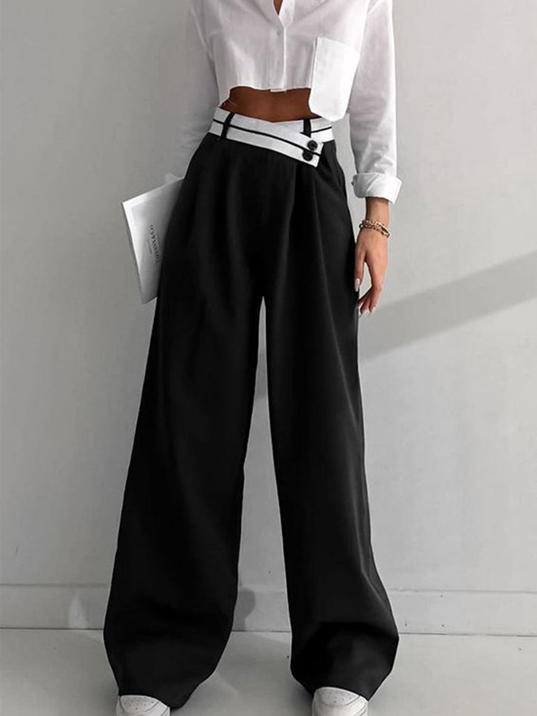 Asymmetrical Contrast Waistband Wide Leg Dress Pants  Liora Lane Boutique Pants Black / XL 48.00