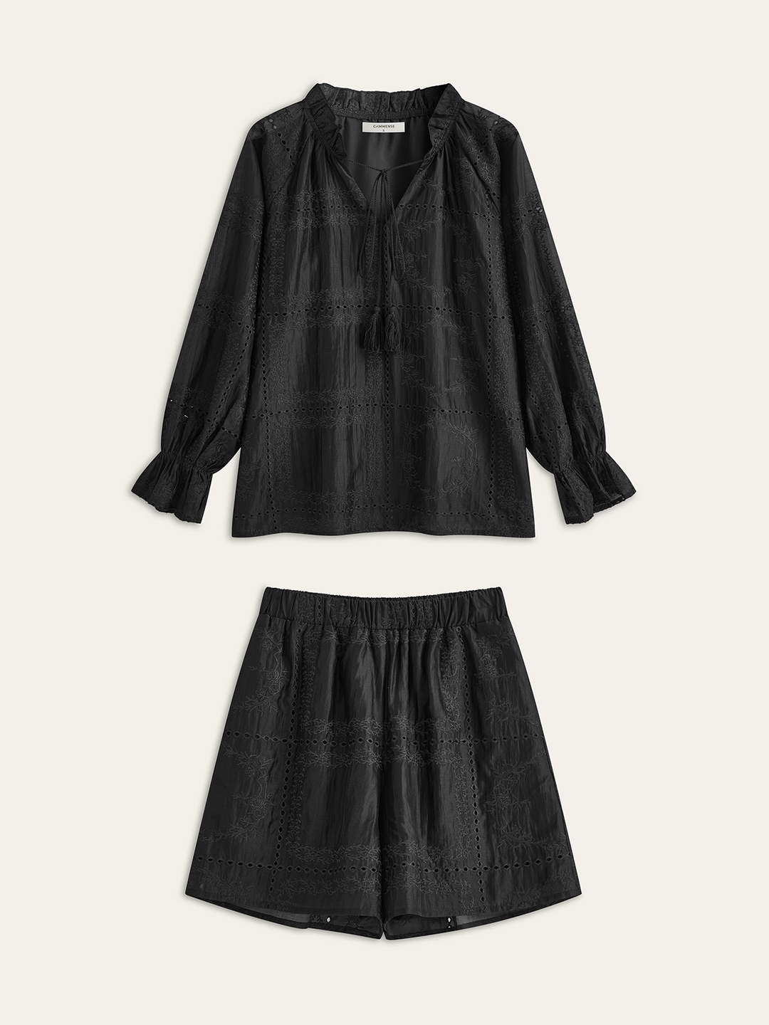 Embroidery Detail Long Sleeve Shorts Set  Liora Lane Boutique Short Sets Black / XL 68.00