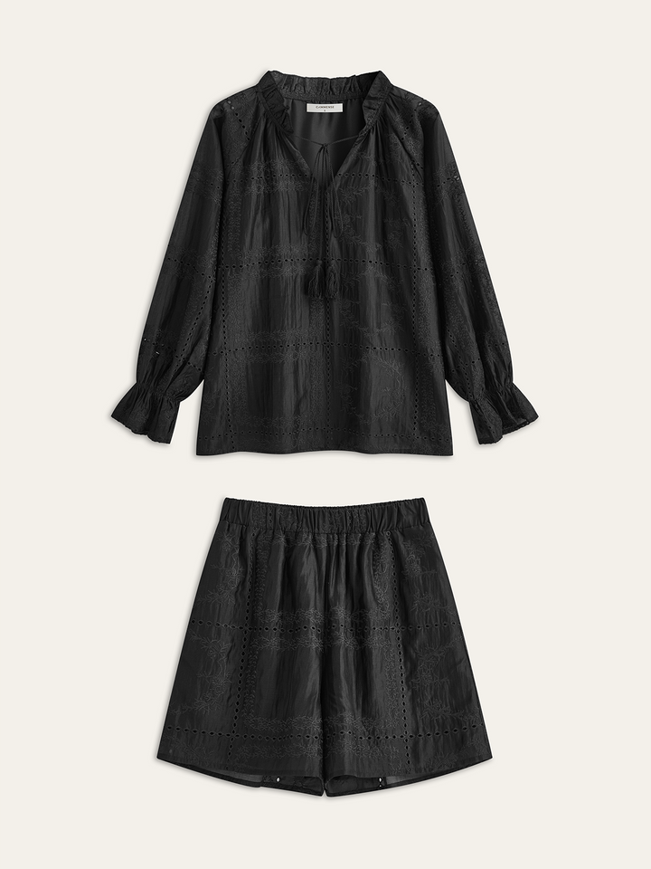 Embroidery Detail Long Sleeve Shorts Set  Liora Lane Boutique Short Sets Black / XL 68.00