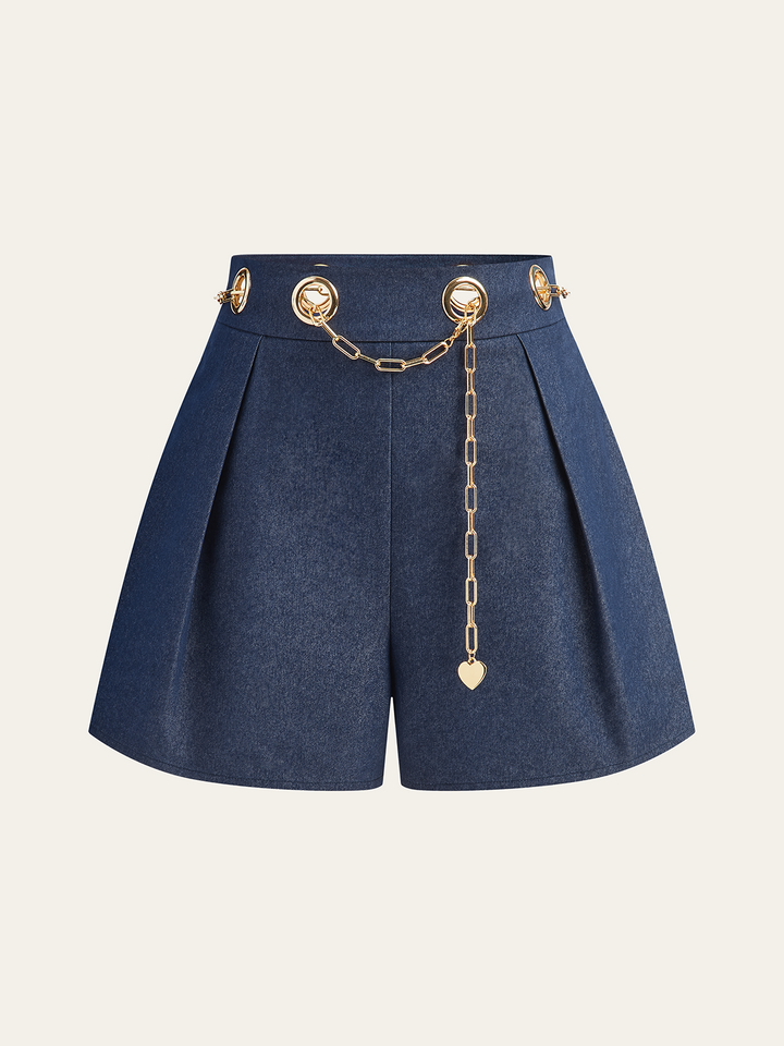 Faux Denim Shorts with Metal Chain Belt  Liora Lane Boutique Shorts Blue / XL 39.00