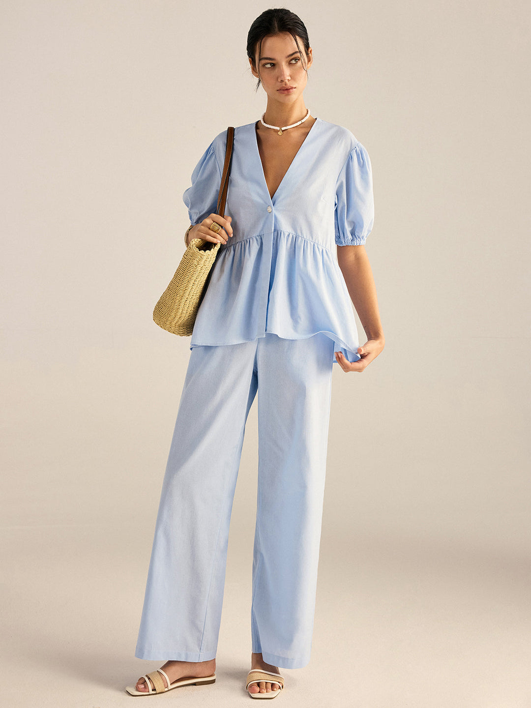 Cotton Peplum Top and Pants Set  Liora Lane Boutique Pant Sets