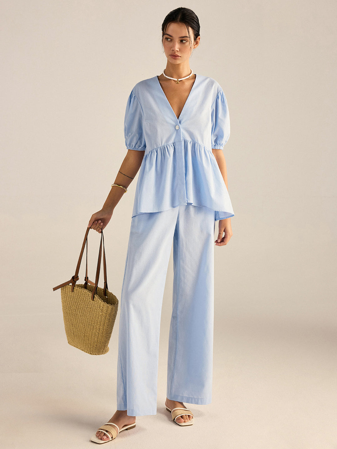 Cotton Peplum Top and Pants Set  Liora Lane Boutique Pant Sets Blue / XL 119.99
