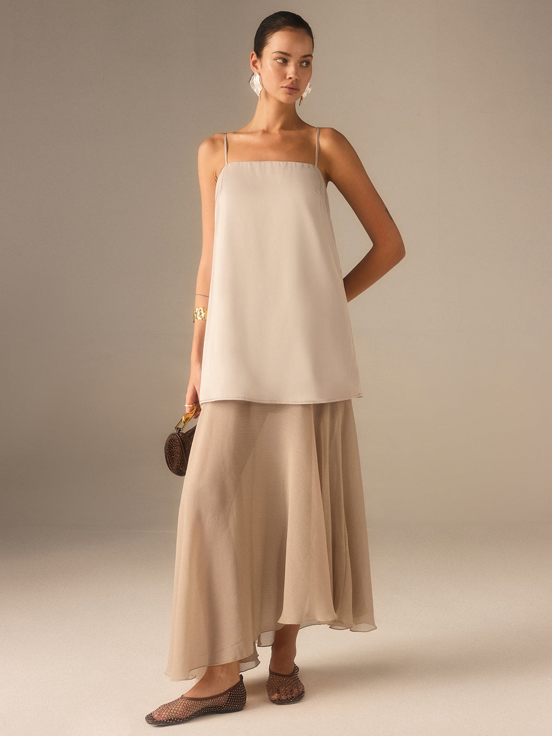 2 in 1 Semi-Sheer Chiffon Cami Maxi Dress  Liora Lane Boutique Dresses Khaki / XL 36.00