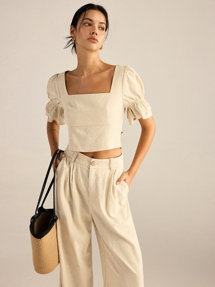 Cotton & Linen Puff-Sleeves Bow-Back Top and Pants Set  Liora Lane Boutique Pant Sets
