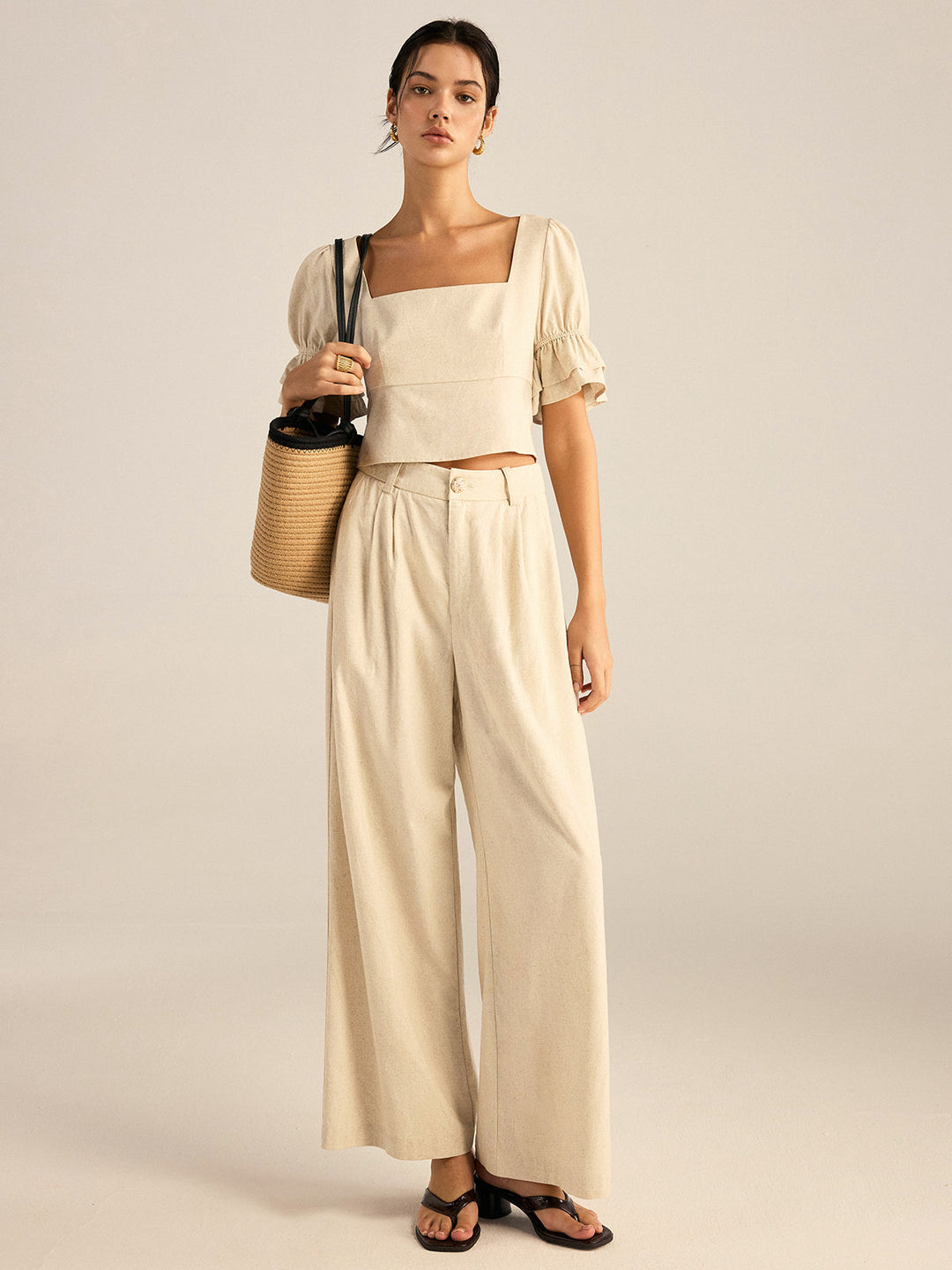 Cotton & Linen Puff-Sleeves Bow-Back Top and Pants Set  Liora Lane Boutique Pant Sets Apricot / XL 165.99