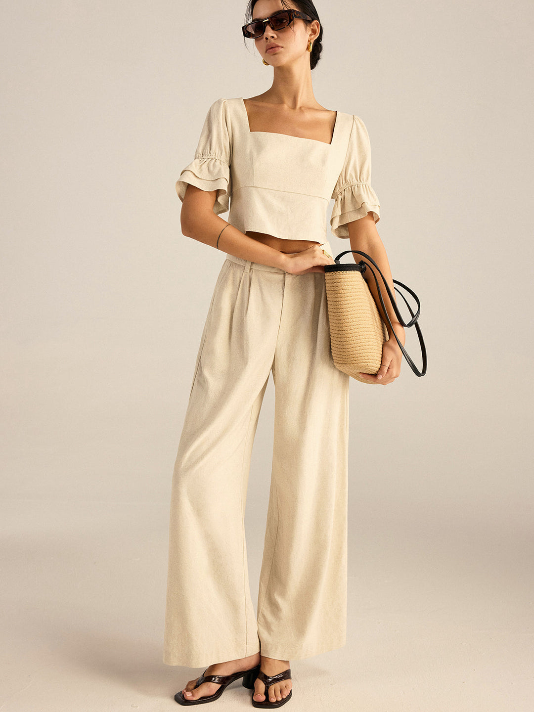 Cotton & Linen Puff-Sleeves Bow-Back Top and Pants Set  Liora Lane Boutique Pant Sets