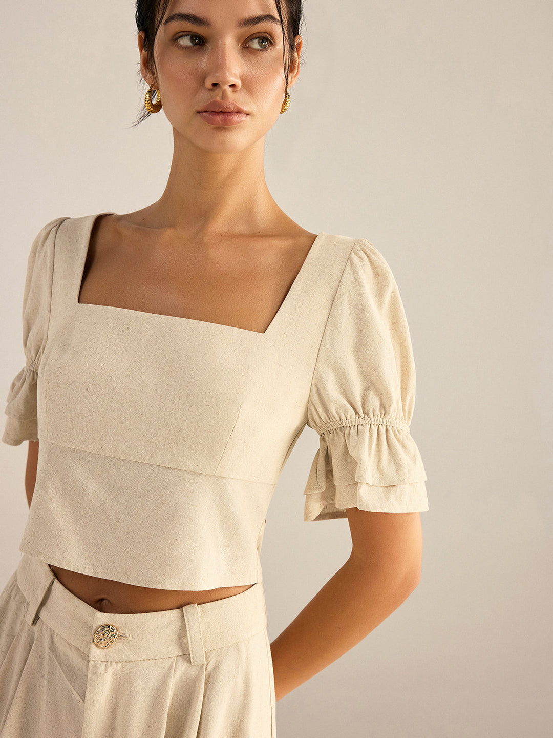 Cotton & Linen Puff-Sleeves Bow-Back Top and Pants Set  Liora Lane Boutique Pant Sets