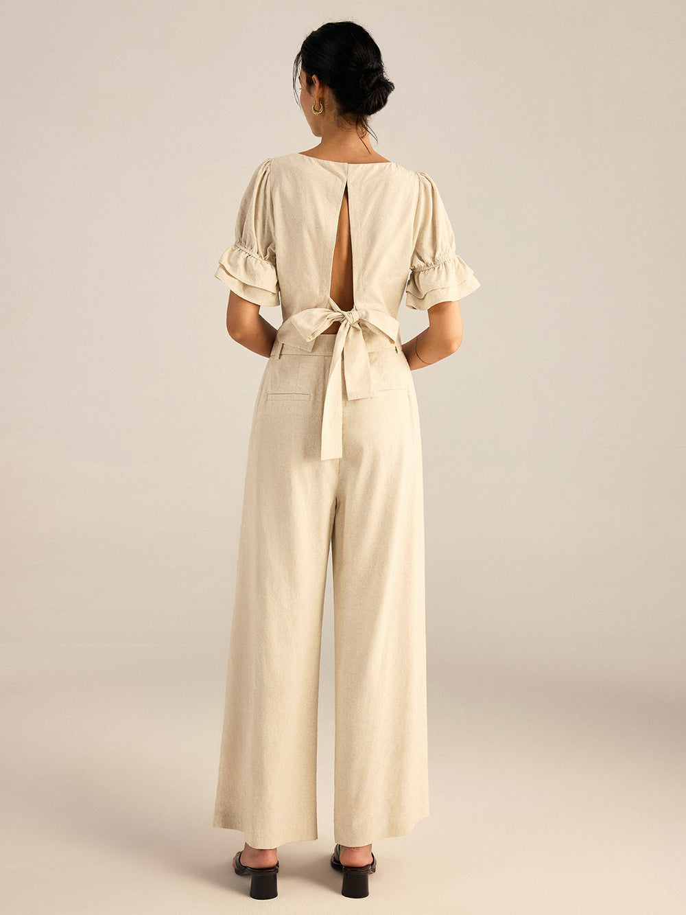 Cotton & Linen Puff-Sleeves Bow-Back Top and Pants Set  Liora Lane Boutique Pant Sets