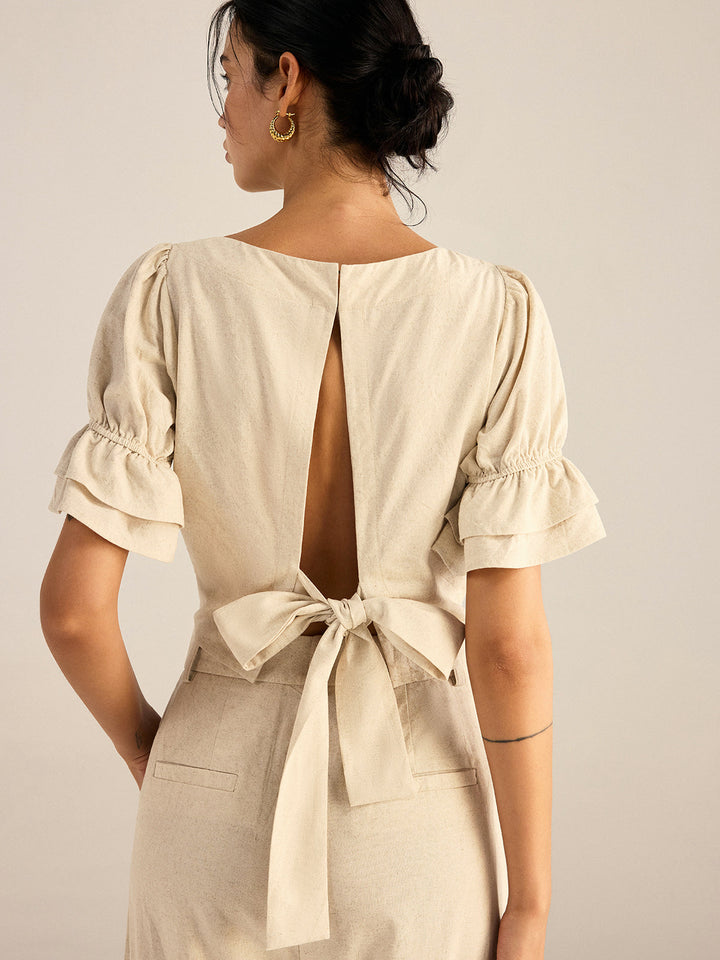 Cotton & Linen Puff-Sleeves Bow-Back Top and Pants Set  Liora Lane Boutique Pant Sets
